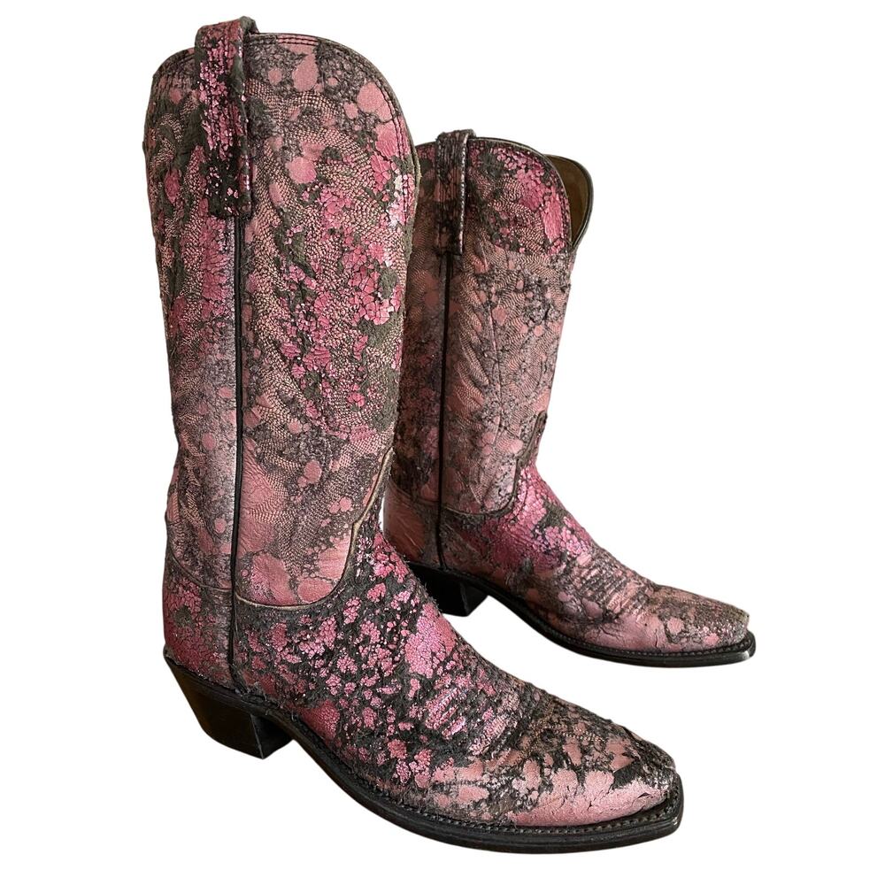 Lucchese Pink Black Crackled Metallic Leather Western Cowboy Boots Women’s 8B